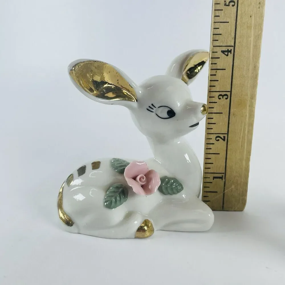 VTG Big Gold Ears White Porcelain Deer Figurines Mother Fawn Rose Chase Japan